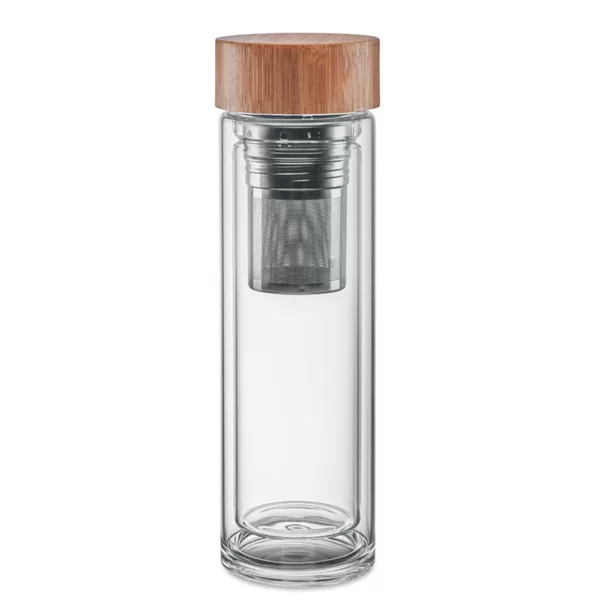 Stikla termokrūze ar dubultajām sienām, bambusa vāku un metāla nodalījumu tējai 420ml